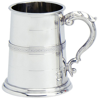 Pewter Tankard Handmade Scottish Stuart Banded Wide Base Polished 1pt Glass Base Great Gift