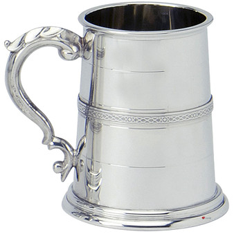 Pewter Tankard Handmade Scottish Stuart Banded Wide Base Polished 1pt Glass Base Great Gift