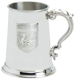 Pewter Tankard 1pt Welsh CYMRU Dragon Shield Ornate Handle Engravable Great Gift