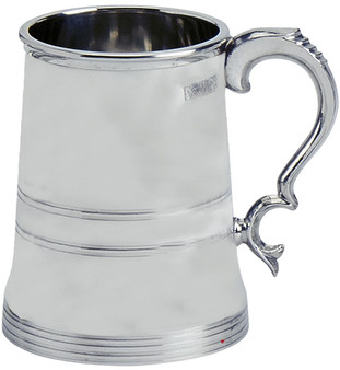 Pewter Tankard Kings Plain Shape Double Band Ornate Handle 1pt Great Gift