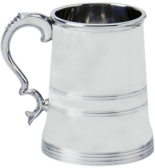Pewter Tankard Kings Plain Shape Double Band Ornate Handle 1pt Great Gift