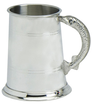Pewter Tankard Handmade 1pt Double Lined Fish Handle Engravable Great Gift