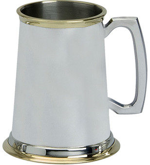 Pewter Tankard Handmade Brass Rimmed Plain Polished Finish 1pt Glass Base Great Gift