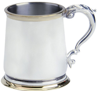 Pewter Tankard Brass Rimmed Classic Shape Polished Finish 1pt Glass Base Great Gift