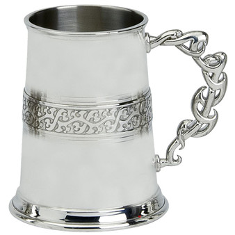 Pewter Tankard Handmade 1pt Tribal Band Polished Finish Unique Handle Engravable Great Gift
