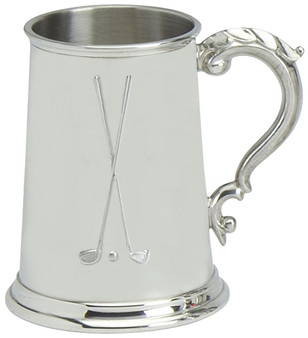 Golfing Gift Tankard Pewter 1pt Handmade Golf Clubs and Ball Ornate Handle Great Gift