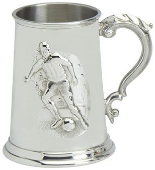 Pewter Tankard Handmade Embossed Football Soccer Player Scene Ornate Handle Great Gift