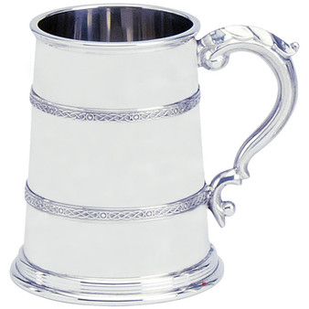 Pewter Tankard Handmade Celtic Design Double Band Polished Finish 1pt Great Gift