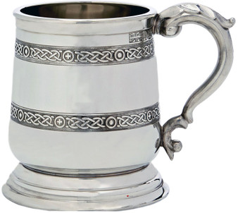 Pewter Tankard George 3rd Shape Double Celtic Band Ornate Handle 1pt Polished Great Gift