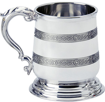 Pewter Tankard George 3rd Shape Double Celtic Band Ornate Handle 1pt Polished Great Gift