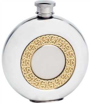 6oz Round Pewter Hip Flask with Brass Celtic Ring Insert Ideal Gift