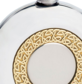6oz Round Pewter Hip Flask with Brass Celtic Ring Insert Ideal Gift