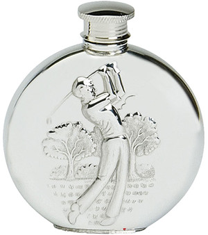Pewter Hip Flask Golfing Picture Scene Round Shape Engravable 6oz Screw Top Great Gift