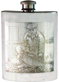 Pewter Hip Flask Fisherman Picture Scene Kidney Shape Engravable 6oz Screw Top Great Gift