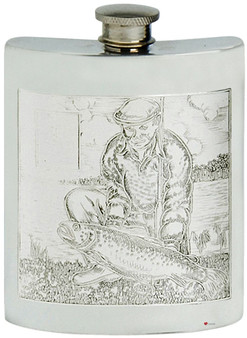 Pewter Hip Flask Fisherman Picture Scene Kidney Shape Engravable 6oz Screw Top Great Gift