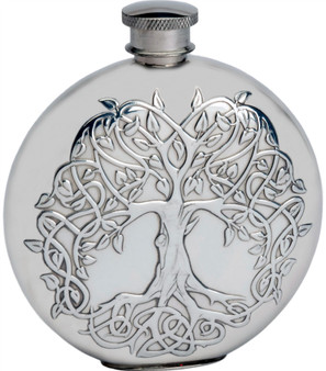 4oz Round Pewter Hip Flask With Embossed Tree of Life Design Ideal Gift