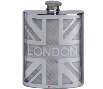 Pewter Hip Flask London On British Union Jack 6oz Space for Engravable Screw Top Great Gift