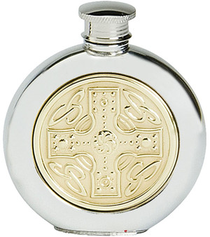 Pewter Round Flask Brass Celtic Cross Embossed Insert Screw Top Engravable 6oz Great Gift