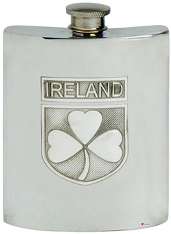 Pewter Hip Flask 6oz Traditional Irish Shamrock Shield Screw Top Engravable Great Gift