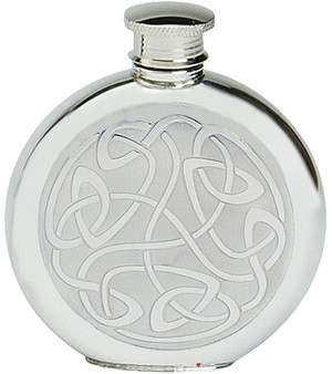 Pewter Hip Flask Round Celtic Scroll Panel Design 6oz Screw Top Engravable Ideal Gift