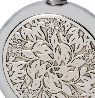 4oz Round Pewter Hip Flask With Embossed Flower and Leaf Design Ideal Gift
