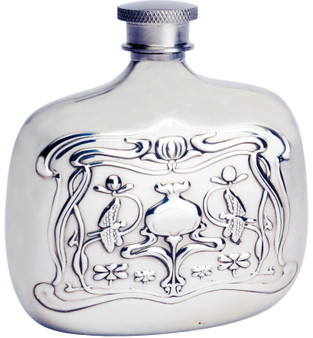 Pewter Bottle 4oz Hip Flask With Embossed Nouveau Design Art Great Gift