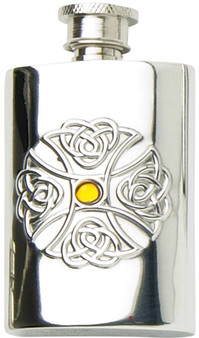 Celtic Cross Hip Flask Topaz Coloured Stone 2oz Kidney Shape Pewter Great Gift