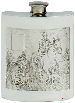Pewter Hip Flask Hunting Foxes Picture Scene Kidney Engravable 6oz Screw Top Great Gift
