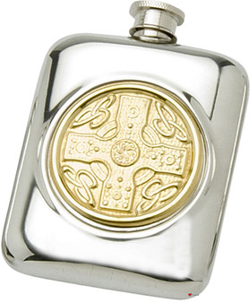 Pewter Pocket Flask Brass Celtic Disc Design Engravable Personal Gift Screw Top Great Gift