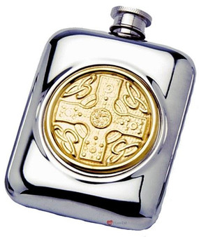 Pewter Pocket Flask Brass Celtic Disc Design Engravable Personal Gift Screw Top Great Gift