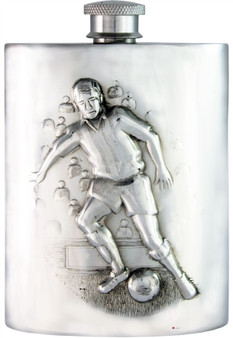 Pewter Hip Flask Football Soccer Scene 6oz Embossed Kidney Shaped Screw Top Great Gift