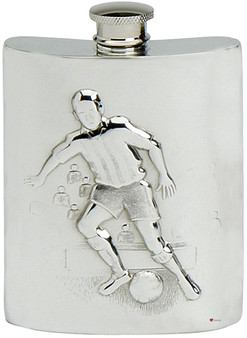 Pewter Hip Flask Football Soccer Scene 6oz Embossed Kidney Shaped Screw Top Great Gift