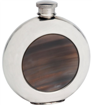 6oz Round Pewter Flask With Real Horn Insert Ideal Gift