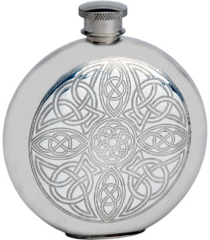 Pewter Round Flask Celtic Interlaced Design Engraved 6oz Engravable Screw Top Great Gift