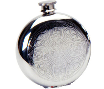 Pewter Round Flask Celtic Interlaced Design Engraved 6oz Engravable Screw Top Great Gift