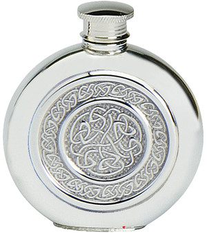 Pewter Round Flask Celtic Rope Embossed Insert Disc Screw Top Engravable 6oz Great Gift