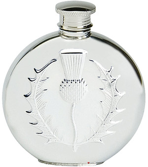 Pewter Round Flask Scottish Thistle Design Engraved 6oz Engravable Screw Top Great Gift