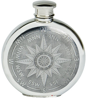 Pewter 6oz Spirit Liquor Hip Flask - Round with Ship's Compass Star Design