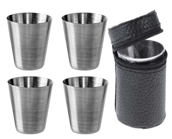 Four Drinking Travel Cups Set With Leather Case Ideal With Flask Great Gift