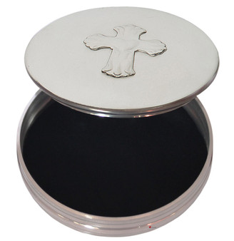 Trinket Box Pewter Large Embossed Cross Design Insert on Lid 90mm