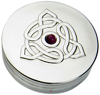 Trinket Box Pewter Round Celtic Trinity Design Amethyst Coloured Stone Lid 50mm
