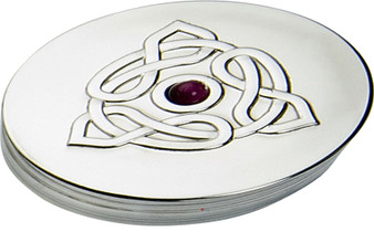 Trinket Box Pewter Round Celtic Trinity Design Amethyst Coloured Stone Lid 50mm