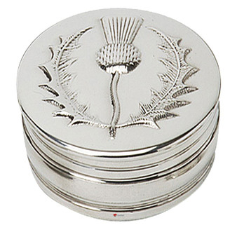 Trinket Box Pewter Round with Embossed with Scottish Thistle Design on Lid 50mm