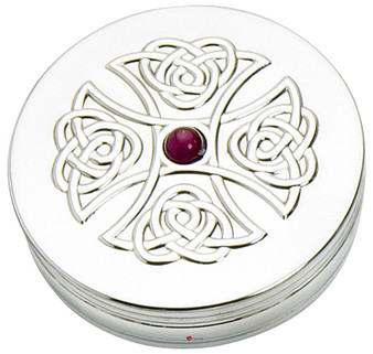 Trinket Box Pewter Large Celtic Cross Inset Amethyst Coloured Stone on Lid 90mm