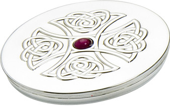 Trinket Box Pewter Large Celtic Cross Inset Amethyst Coloured Stone on Lid 90mm