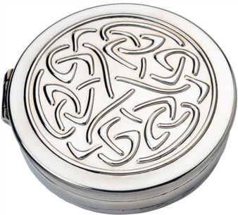 Trinket Pewter Box Round Hinged Lid with Celtic Scroll Design Insert on Lid 90mm