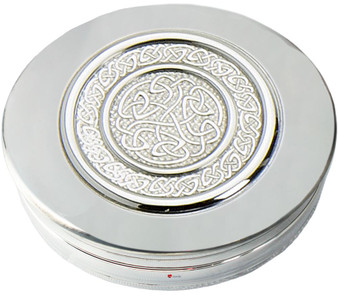Trinket Box Pewter Round with Celtic Scroll Design Insert on Lid 50mm