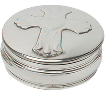 Trinket Box Pewter Round with Embossed Cross 50mm
