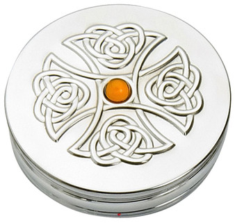 Trinket Box Pewter Round Celtic Cross Design Inset Topaz Coloured Stone Lid 50mm