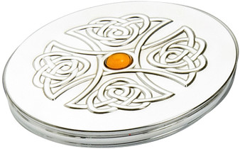 Trinket Box Pewter Round Celtic Cross Design Inset Topaz Coloured Stone Lid 50mm